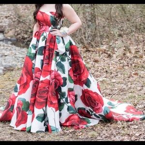 Sherri Hill Rose Print Strapless Ballgown